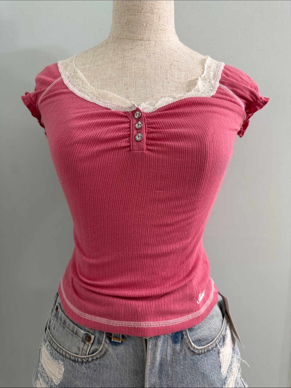 Y2K GUESS Pink Ribbed Henley Top XS